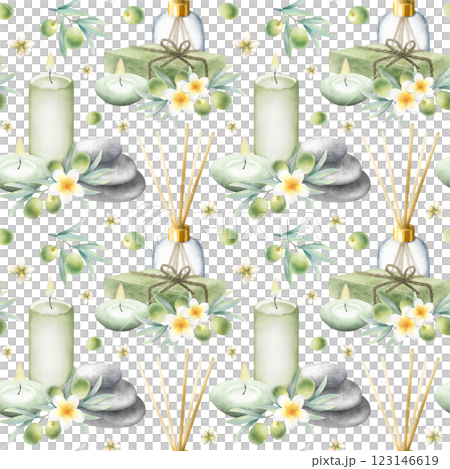 Olive soap aleppo, candles, aroma diffuser, stack pebbles, frangipani flowers and olive branches. Hand drawn watercolor isolated seamless pattern for packaging, textile, fabric and spa salon design. 123146619