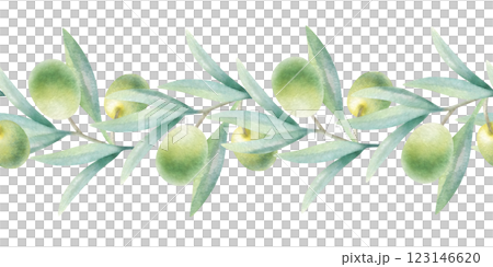 Olive branches with leaves and fruits in realistic style seamless border. Hand drawn botanical greenery watercolor isolated illustration with green olives for healthy food packaging tape, textile. 123146620