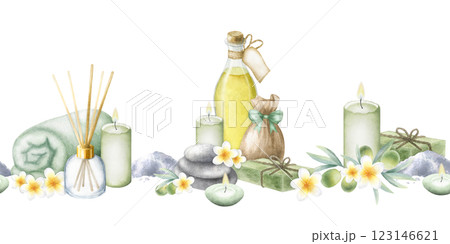 Olive oil, soap aleppo, sea salt, rolled up towel, candles, stack pebbles, frangipani flowers and olive branches. Hand drawn watercolor isolated seamless border for packaging tape, spa salon design. 123146621