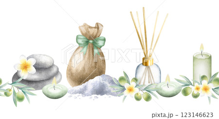 Aroma diffuser, sea salt, sack with green bow, candles, stack pebbles, frangipani flowers and olive branches. Hand drawn watercolor isolated seamless border for packaging tape, spa salon design. Aroma diffuser, sea salt, sack with green bow, candles, stack pebbles, frangipani flowers and olive branches. Hand drawn watercolor isolated seamless border for packaging tape, spa salon design. 123146623