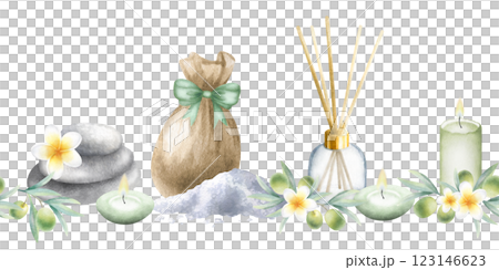Aroma diffuser, sea salt, sack with green bow, candles, stack pebbles, frangipani flowers and olive branches. Hand drawn watercolor isolated seamless border for packaging tape, spa salon design. Aroma diffuser, sea salt, sack with green bow, candles, stack pebbles, frangipani flowers and olive branches. Hand drawn watercolor isolated seamless border for packaging tape, spa salon design. 123146623