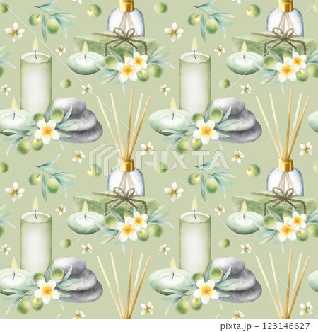 Olive soap aleppo, candles, aroma diffuser, stack pebbles, frangipani flowers and olive branches. Hand drawn watercolor isolated seamless pattern on light olive color for packaging, spa salon design. Olive soap aleppo, candles, aroma diffuser, stack pebbles, frangipani flowers and olive branches. Hand drawn watercolor isolated seamless pattern on light olive color for packaging, spa salon design. 123146627