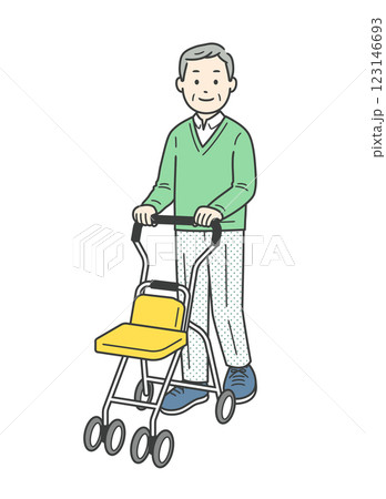 歩行器を押して歩く高齢男性の全身イラスト 123146693