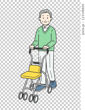 歩行器を押して歩く高齢男性の全身イラスト 123146693
