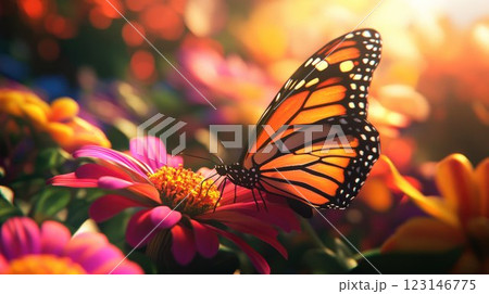 Monarch butterfly on vibrant flower in sunlit garden. 123146775