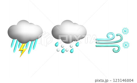 Weather 3d icons realistic isolated vector set. Thunderstorm downpour hail snowstorm. Design weather app web site game logo banner. Meteorology concept. 123146804