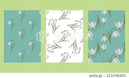 Hello Spring template poster or cards set. Snowdrops on background of gentle sky. Vector illustration for cover design marketing material natural and organic products. 123146805