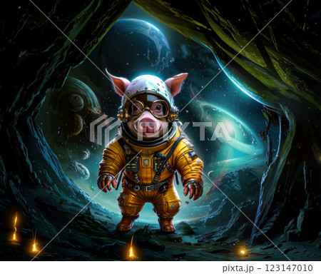 A piglet, astronaut explores a new planet. A piglet, in a yellow spacesuit explores a dark cave. A piglet, astronaut explores a new planet. A piglet, in a yellow spacesuit explores a dark cave. 123147010
