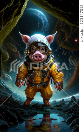 A piglet, astronaut explores a new planet. A piglet, in a yellow spacesuit explores a dark cave. 123147012