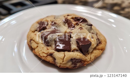 Close-up of a single, delicious chocolate chunk cookie on a white plate. 123147140