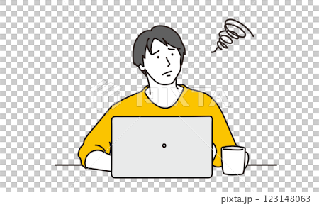 パソコン操作をしている困り顔の男性のイラスト素材 123148063