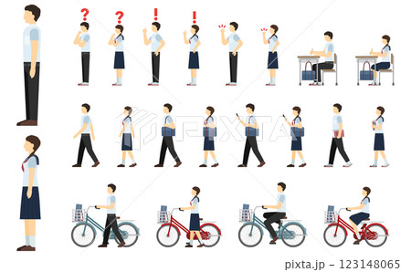 フラットイラスト：中学生サイド(夏服) 123148065