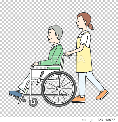 A sideways illustration of an elderly man in a wheelchair and a young woman assisting him 123148077
