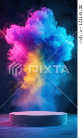 Modern podium with vibrant colorful dust explosion in the background, dynamic and energetic scene for product display 123148302