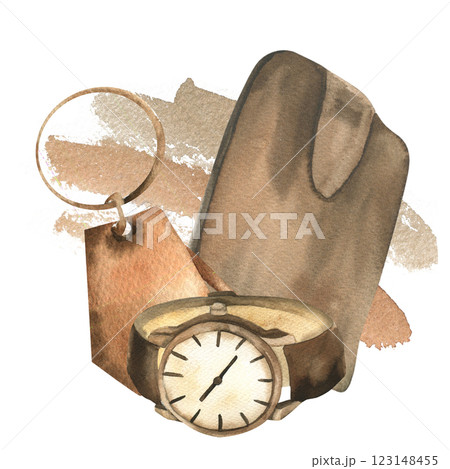 Gentlemen leather wallet, wrist watch and keychain on watercolor splash illustration. Hand drawn male clipart, hipster accessories painting for poster, card, packing design 123148455