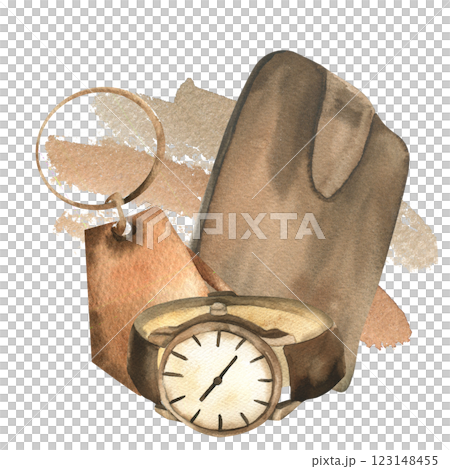 Gentlemen leather wallet, wrist watch and keychain on watercolor splash illustration. Hand drawn male clipart, hipster accessories painting for poster, card, packing design 123148455