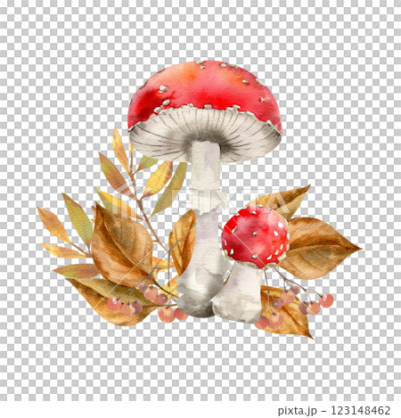 Autumn mushroom composition with red fly agaric and colorful autumn leaves illustration. Hand drawn fall seasonal clipart with forest botanical objects for harvest season poster,card design 123148462