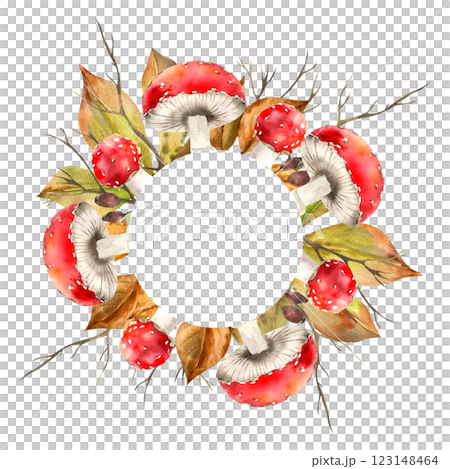 Fly agaric wreath with autumn colorful leaves and bare branches.Hand drawn fall seasonal frame with copy space, forest botanical clipart for harvest poster, card, packing design 123148464