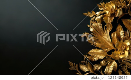 《AI画像》金色の豪華な飾り付けと黒色の背景素材 《AI画像》金色の豪華な飾り付けと黒色の背景素材 123148925