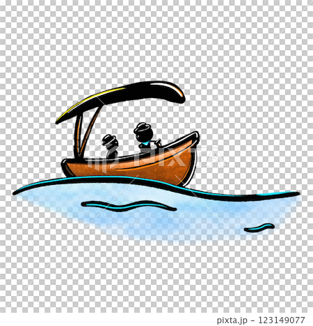 Cartoon wooden boat in the sea, boat silhouette with textured color illustration, black outline Cartoon wooden boat in the sea, boat silhouette with textured color illustration, black outline 123149077