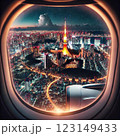 飛行機の窓から見た東京の夜景 123149433