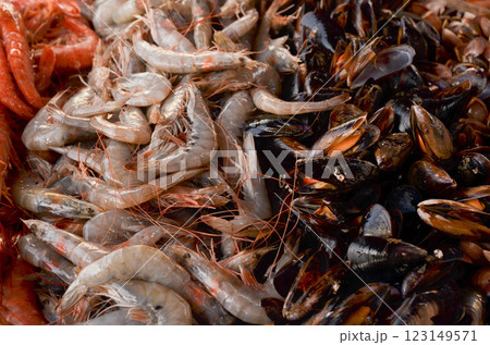 Fresh Shrimp and Mussels on Display at Seafood Market Fresh Shrimp and Mussels on Display at Seafood Market 123149571