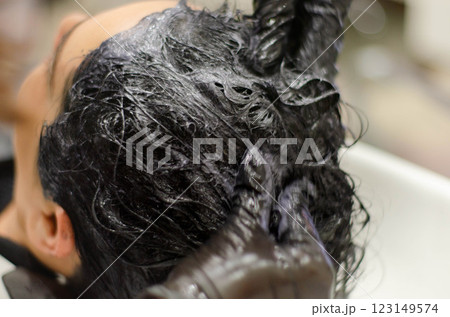 Professional Hair Dye Application Salon Hair Coloring Process, banner ,campaing Professional Hair Dye Application Salon Hair Coloring Process, banner ,campaing 123149574