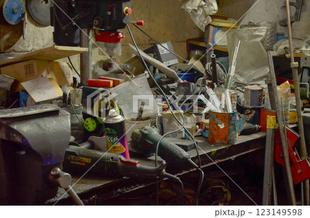 Car Service Workshop with Mechanical Tools and Repair Equipment 123149598