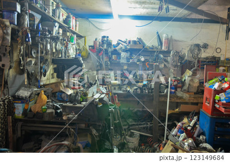 Mechanic of car Workshop with Tools and Equipment Industrial Repair Space Mechanic of car Workshop with Tools and Equipment Industrial Repair Space 123149684