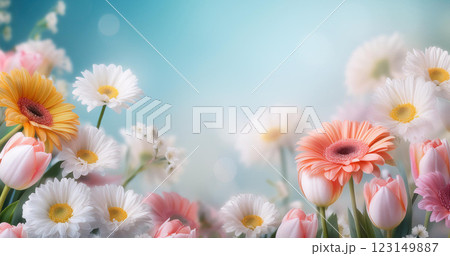 ふんわりとした花・ガーベラやチューリップ、マーガレット ふんわりとした花・ガーベラやチューリップ、マーガレット 123149887
