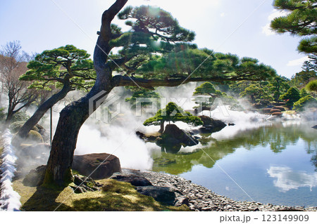 霧に覆われる幻想的な山陰の美しい日本庭園 123149909