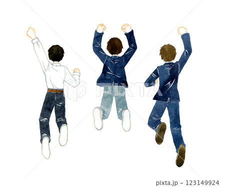 ジャンプする男子学生の後ろ姿(3人セット) 人物の手描き水彩イラスト素材 ジャンプする男子学生の後ろ姿(3人セット) 人物の手描き水彩イラスト素材 123149924