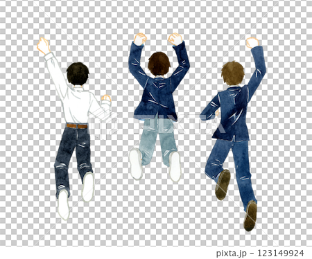 跳躍的男學生的背影（3 套）手繪水彩人物插畫 123149924