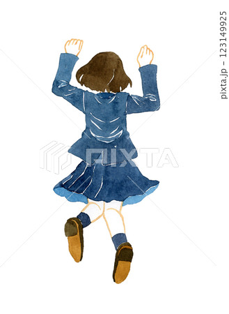 ジャンプする女子学生の後ろ姿 人物の手描き水彩イラスト素材の