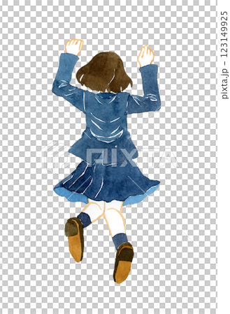 ジャンプする女子学生の後ろ姿 人物の手描き水彩イラスト素材の