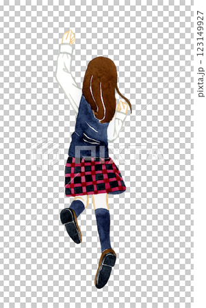 ジャンプする女子学生の後ろ姿 人物の手描き水彩イラスト素材の ジャンプする女子学生の後ろ姿 人物の手描き水彩イラスト素材の