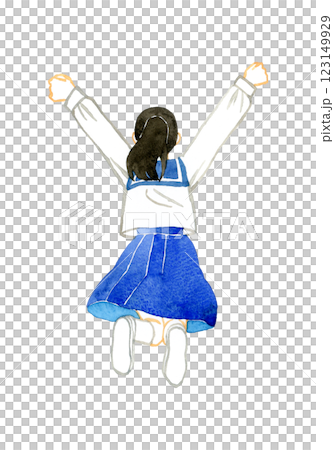 身穿水手服跳躍女學生的背影。 身穿水手服跳躍女學生的背影。 123149929