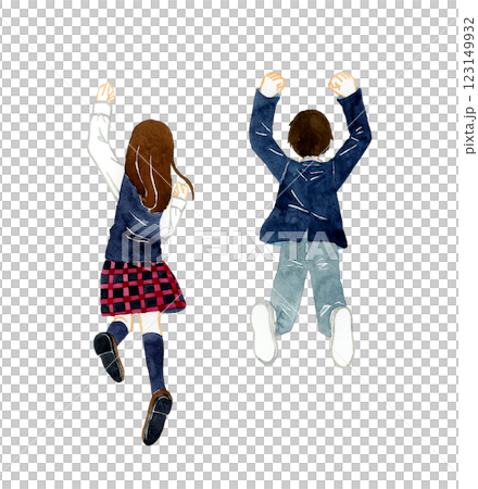 Back view of jumping female and male students Hand-drawn watercolor illustration of people 123149932