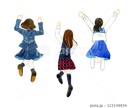 ジャンプする女子学生の後ろ姿（3人セット）　人物の手描き水彩イラスト素材 123149934