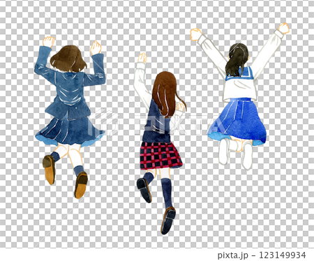 ジャンプする女子学生の後ろ姿（3人セット） 人物の手描き水彩イラスト