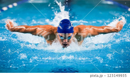 Professional Swimmer Performing Butterfly Stroke in Pool Dynamic Aquatic Sports Photography 123149935
