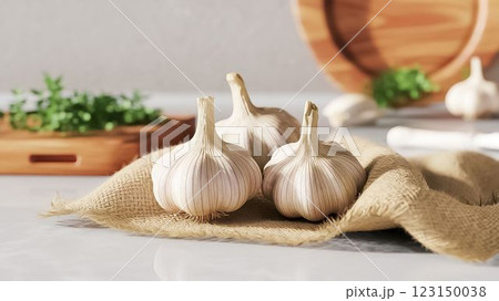 Fresh Garlic on Burlap Cloth Natural Kitchen Ambiance in Studio Photography 123150038