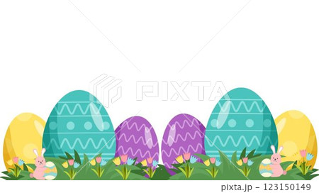 Colorful Easter Eggs and Cute Bunny Illustration Festive Spring Holiday Background copy space Colorful Easter Eggs and Cute Bunny Illustration Festive Spring Holiday Background copy space 123150149