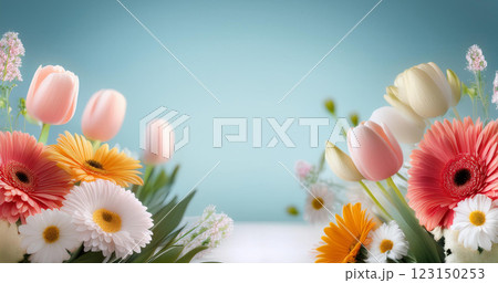 チューリップやガーベラのアレンジメント・ブルー背景 123150253