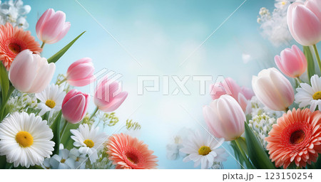 チューリップやガーベラのアレンジメント・ブルー背景 チューリップやガーベラのアレンジメント・ブルー背景 123150254