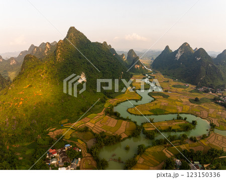 Aerial wide angle view of landscape with rice field at Phong Nam village in Trung Khanh, Cao Bang province,Northern Vietnam 123150336