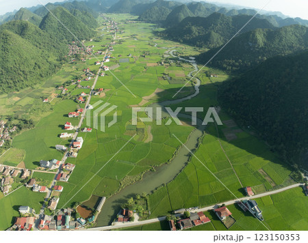 Amazing landscape nature view Rice fields and mountains in Bac Son valley, Lang Son,Northern Vietnam, Seen from above, High angle view Amazing landscape nature view Rice fields and mountains in Bac Son valley, Lang Son,Northern Vietnam, Seen from above, High angle view 123150353