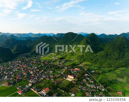 Amazing landscape nature view Rice fields and mountains in Bac Son valley, Lang Son,Northern Vietnam, Seen from above, High angle view 123150356