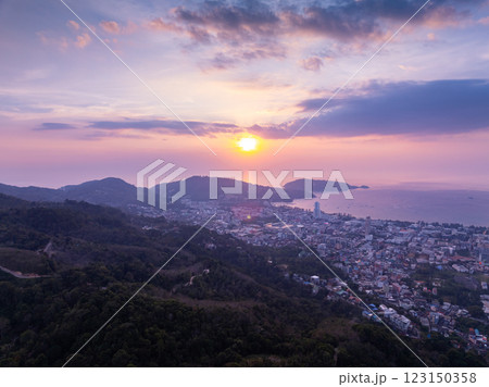 Aerial view of beautiful sunset sky over sea at Patong bay Phuket city Thailand 123150358