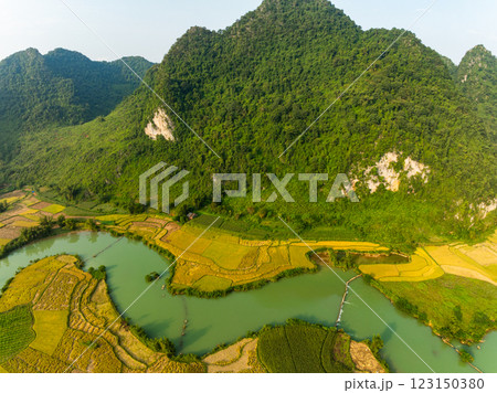 Aerial wide angle view of landscape with rice field at Phong Nam village in Trung Khanh, Cao Bang province,Northern Vietnam Aerial wide angle view of landscape with rice field at Phong Nam village in Trung Khanh, Cao Bang province,Northern Vietnam 123150380